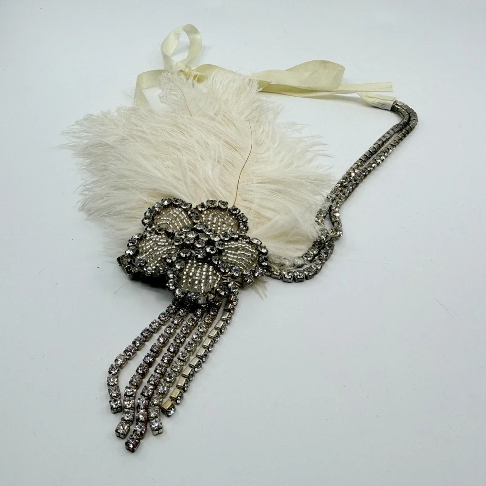 Y2K Gatsby Flapper Feather Headpiece Rhinestone Bridal Statement Headband 1920s